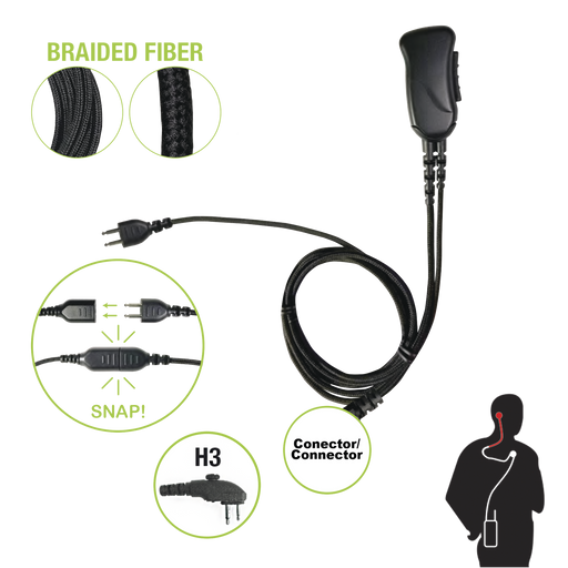 Braided Fiber 1 Cable Lapel Mic W/ Snap Connect for Hytera Connector. Select Different Earphones Not Included