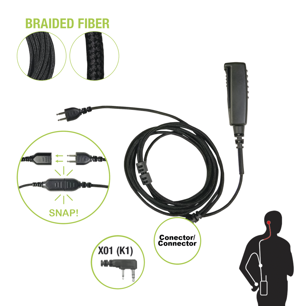 Cable para Micrófono audífono SNAP intercambiable con conector para Radios Kenwood con conector de 2 pines.