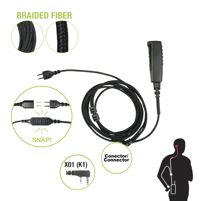 Cable para Micrófono audífono SNAP intercambiable con conector para Radios Kenwood con conector de 2 pines.