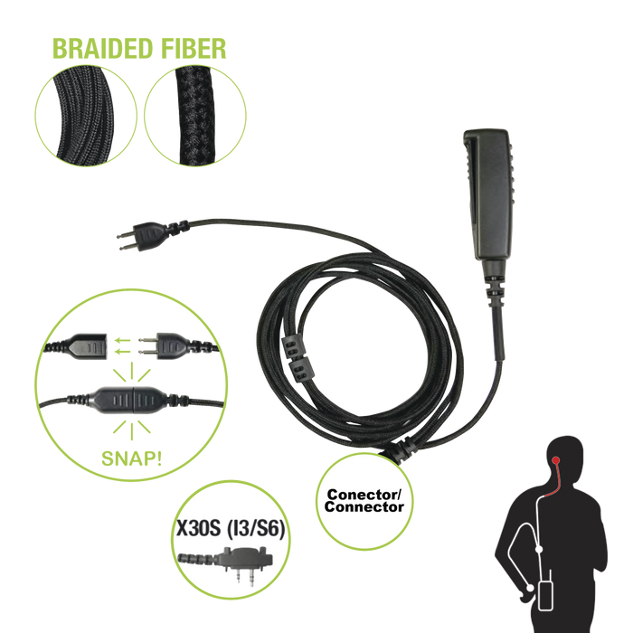 Cable para Micrófono audífono SNAP intercambiable con conector para Radios Icom con conector de 2 pines.