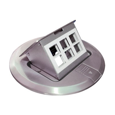Mini caja de piso redonda para datos o conectores tipo Keystone, Color acero inoxidable (3 contactos)