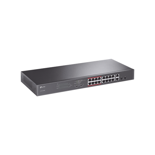 Switch PoE+ no Administrable de 16 puertos 10/100 Mbps, 2 puertos 10/100/1000 en combo con 2 puertos SFP, 194 W, Extensor PoE de hasta 250 m