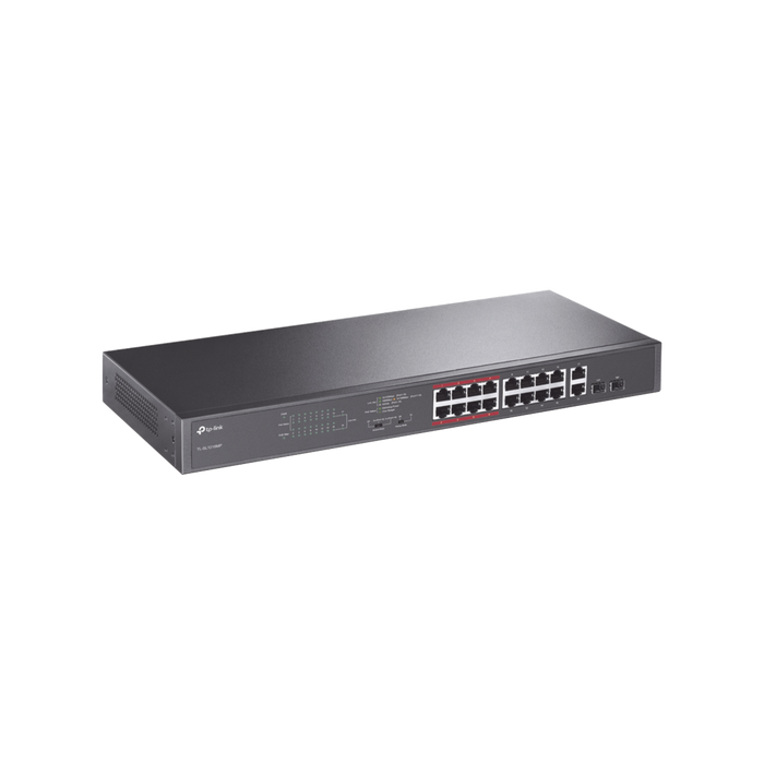 Switch PoE+ no Administrable de 16 puertos 10/100 Mbps, 2 puertos 10/100/1000 en combo con 2 puertos SFP, 194 W, Extensor PoE de hasta 250 m