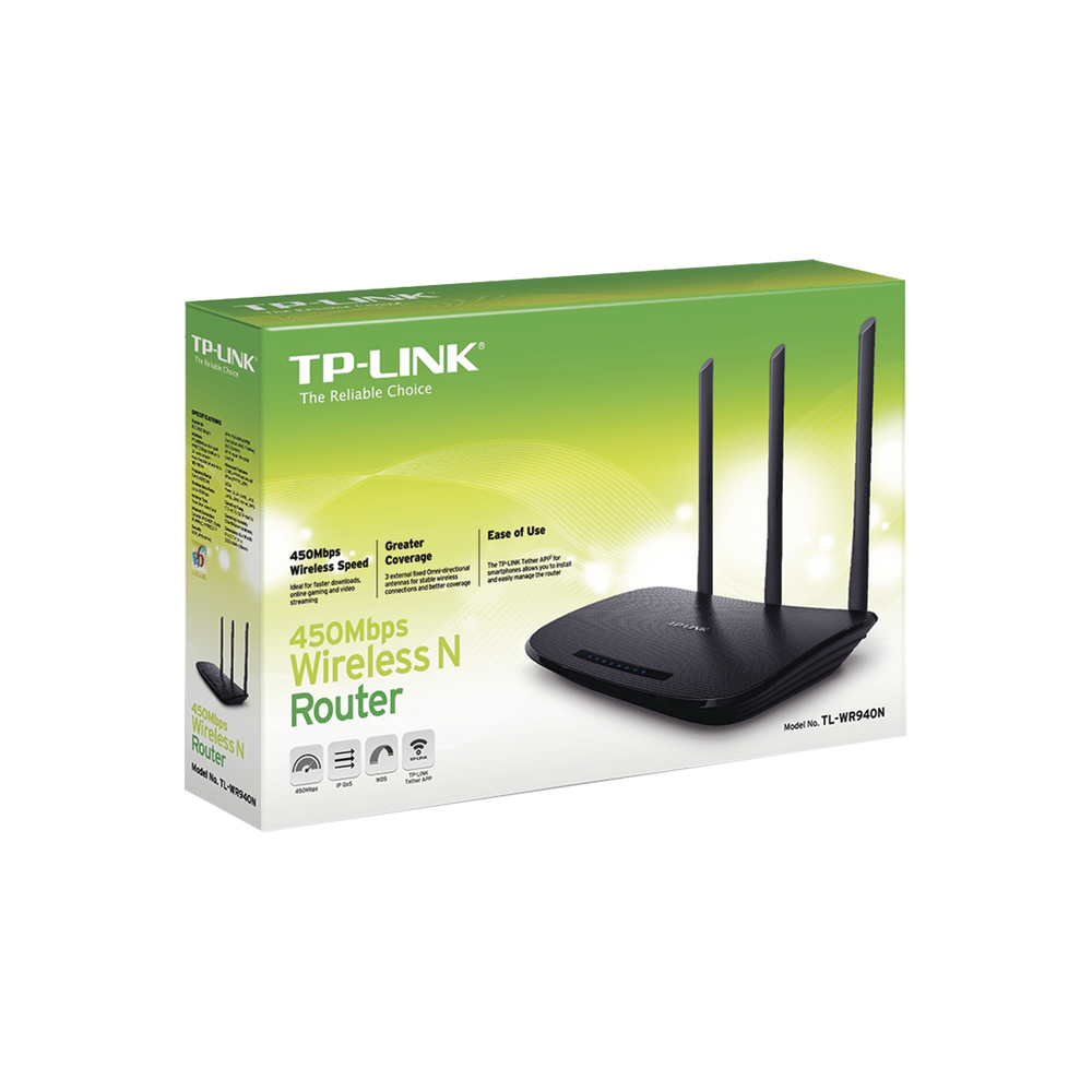 Router Inalámbrico 2.4 GHz, 450 Mbps, 3 antenas externas omnidireccional 5 dBi, 4 Puertos LAN 10/100 Mbps, 1 Puerto WAN 10/100 Mbps