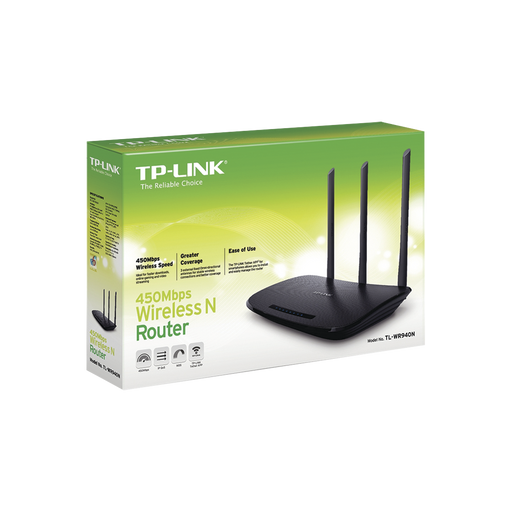 Router Inalámbrico 2.4 GHz, 450 Mbps, 3 antenas externas omnidireccional 5 dBi, 4 Puertos LAN 10/100 Mbps, 1 Puerto WAN 10/100 Mbps