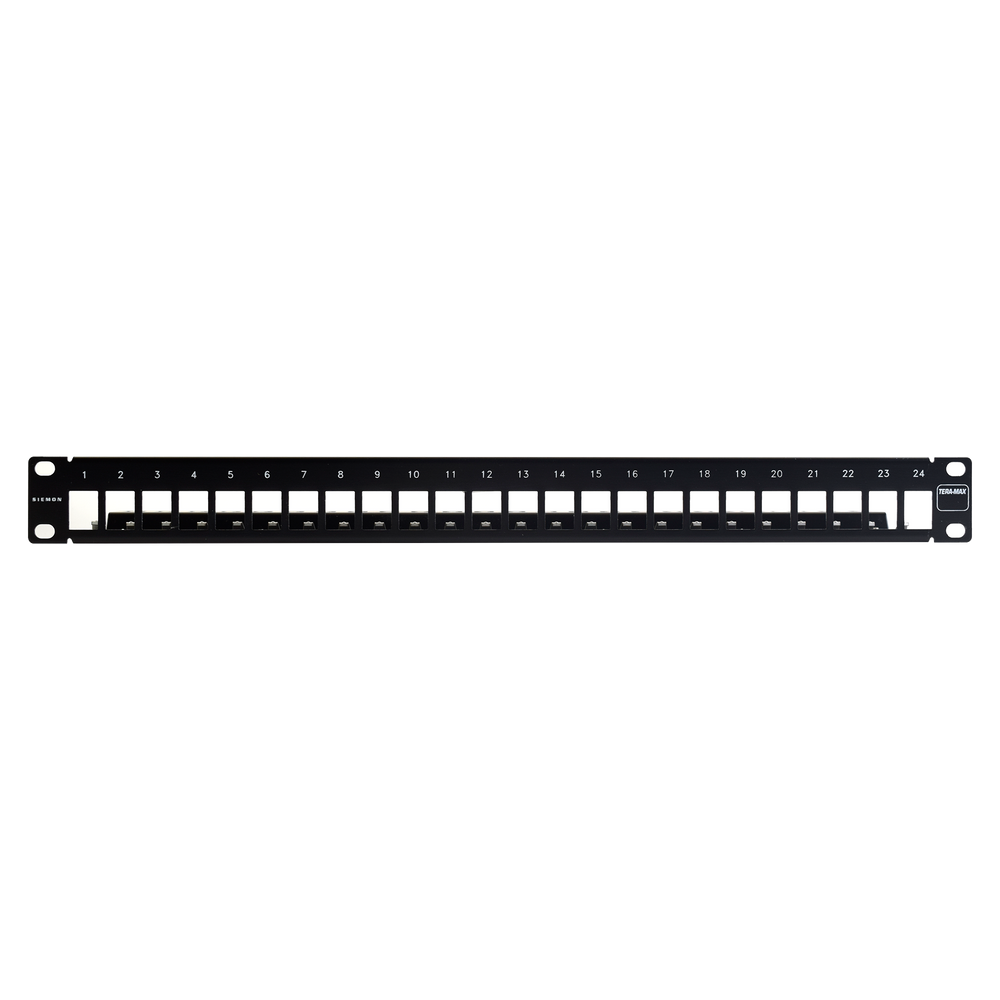 Patch Panel TERA-MAX Blindado de 24 Puertos, Modular, Plano, Color Negro, 1UR