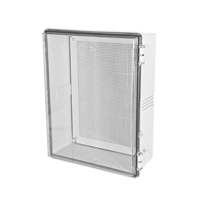 Gabinetes NEMA, cuerpo gris, cubierta transparente (350 x 450 x 200 mm), para interior y exterior, incluye panel