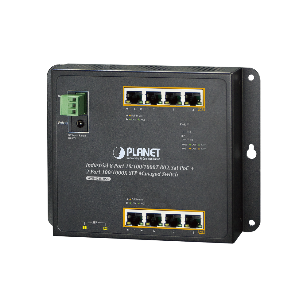 Switch Industrial de Pared de 8 puertos Gigabit con 4 puertos PoE+ 802.3at y 2 SFP