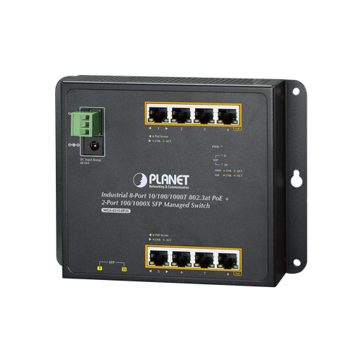 Switch Industrial de Pared de 8 puertos Gigabit con 4 puertos PoE+ 802.3at y 2 SFP