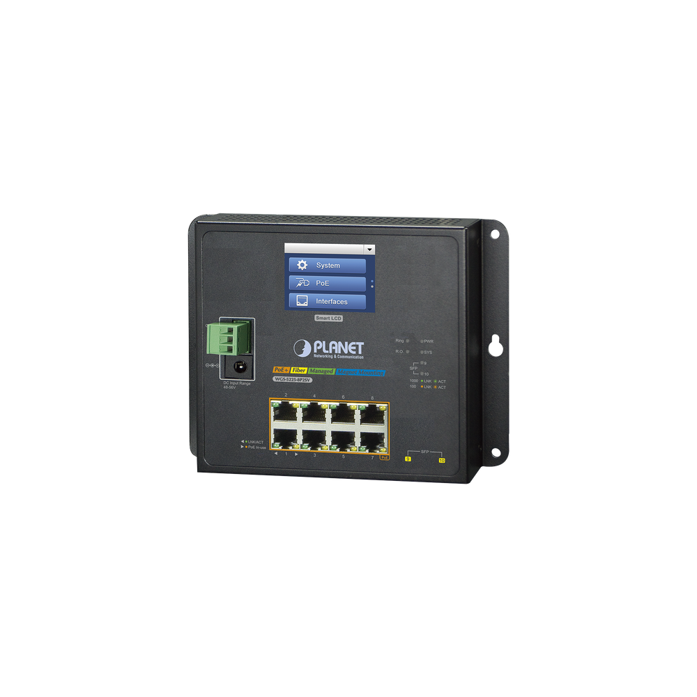 Switch Industrial Flat-Type 8 Puertos Gigabit C/PoE 802.3at, 2 Puertos SFP, LCD