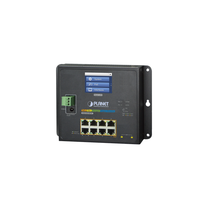 Switch Industrial Flat-Type 8 Puertos Gigabit C/PoE 802.3at, 2 Puertos SFP, LCD