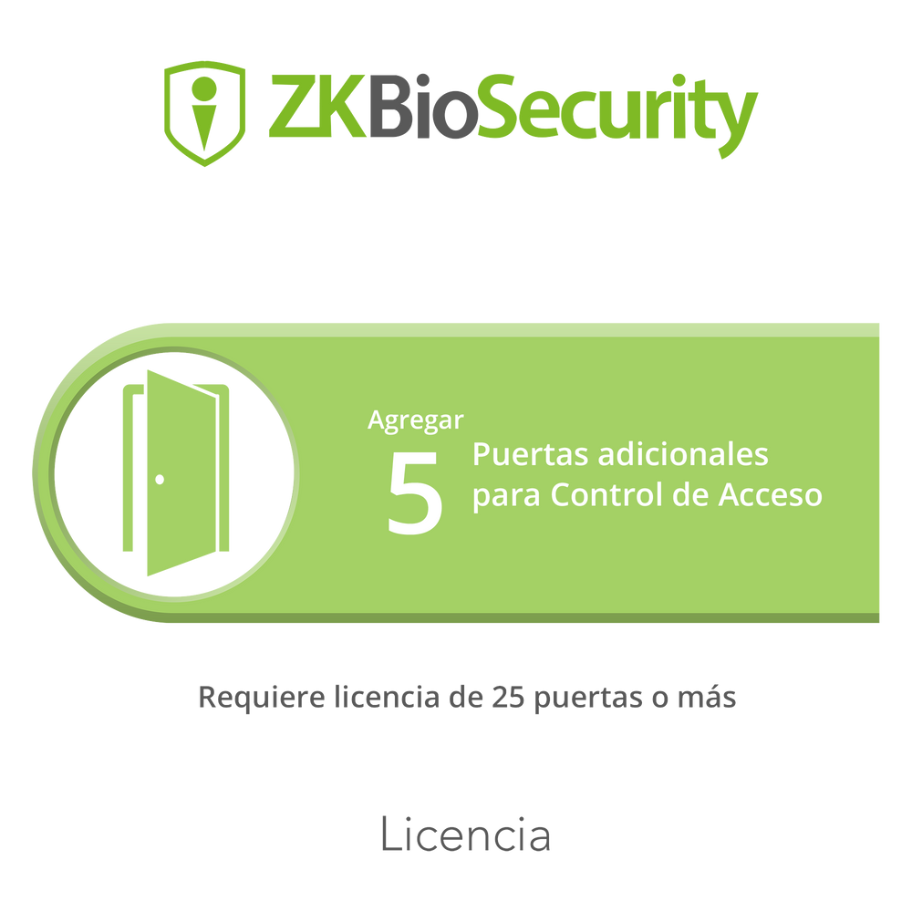 Licencia para ZKBiosecurity permite agregar 5 puertas adicionales (requiere licencia de 25 puertas o mas)