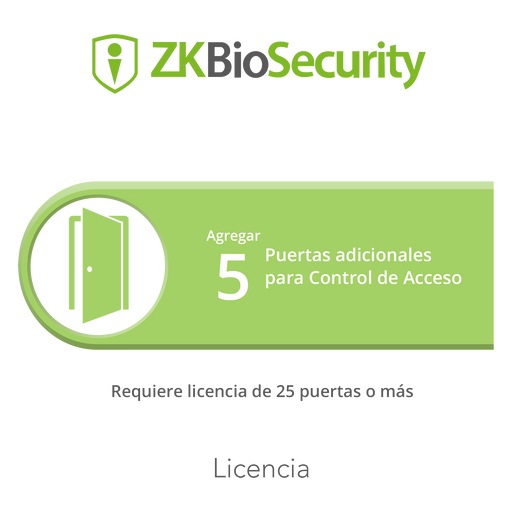 Licencia para ZKBiosecurity permite agregar 5 puertas adicionales (requiere licencia de 25 puertas o mas)