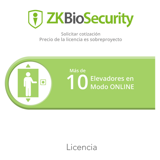 Licencia para Zkbiosecurity para modulo de elevadores para mas de 10 elevadores en modo ONLINE