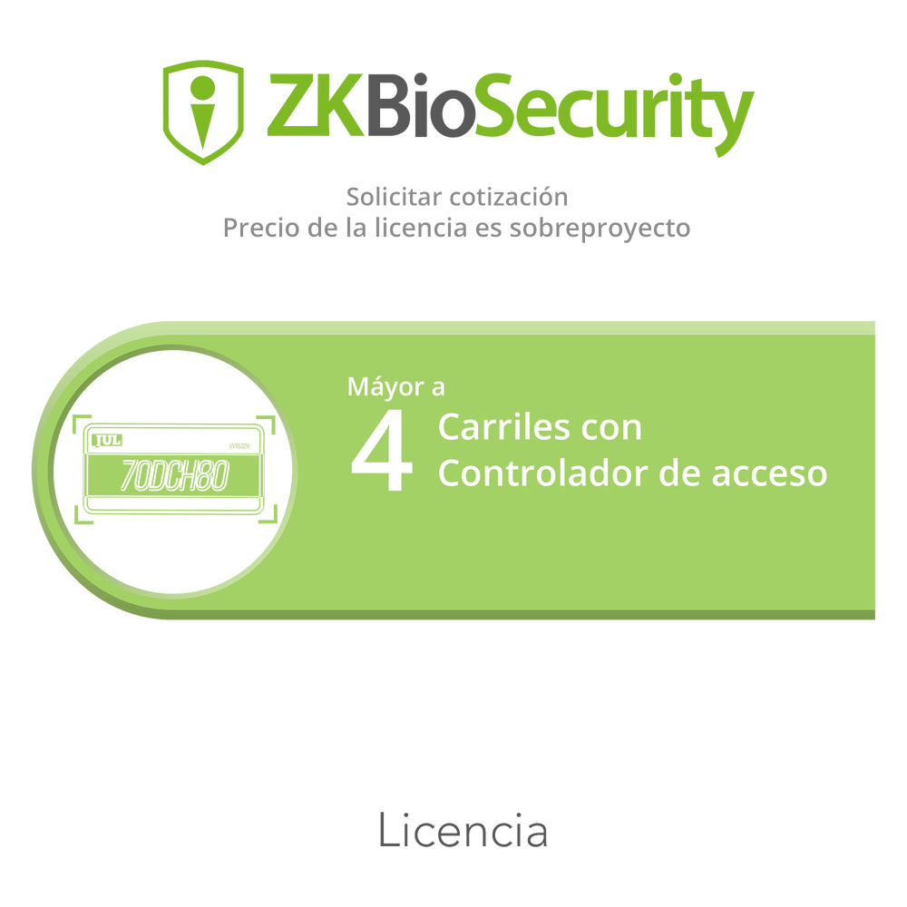 Licencia para ZKBiosecurity para modulo de estacionamiento mayor a 4 carriles utilizando controlador de acceso