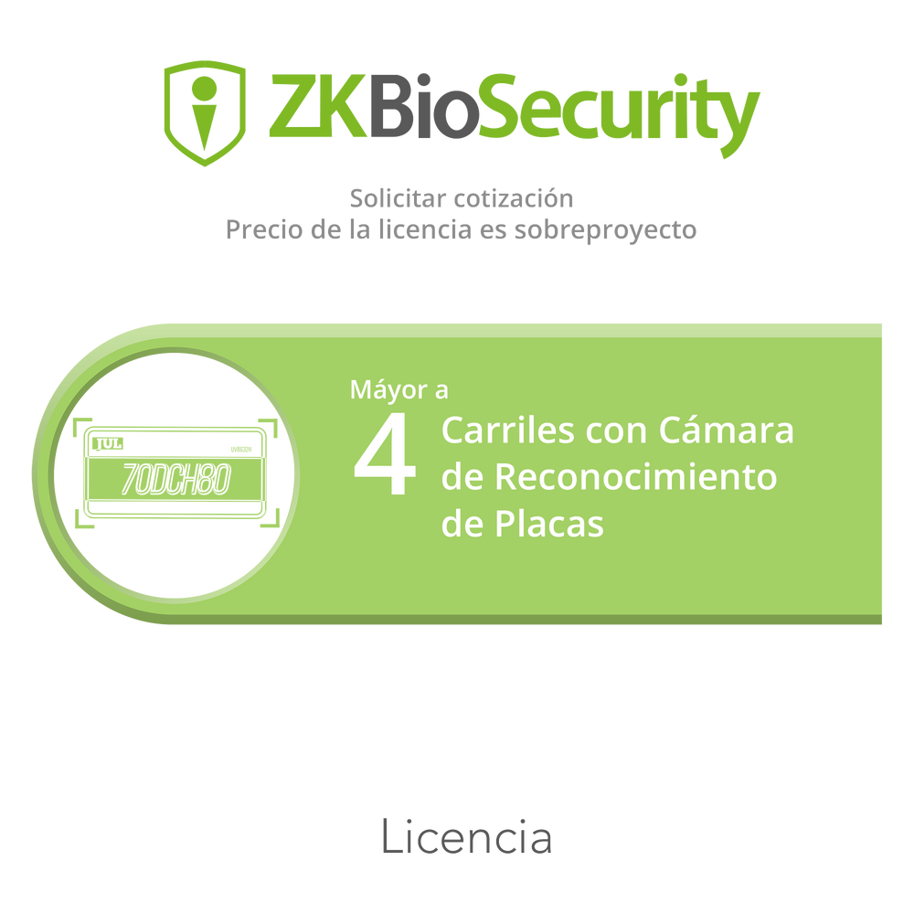 Licencia para ZKBiosecurity para modulo de estacionamiento mayor a 4 carriles con camara de reconocimiento de placas