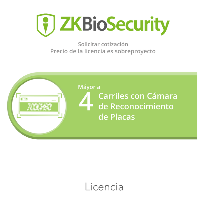 Licencia para ZKBiosecurity para modulo de estacionamiento mayor a 4 carriles con camara de reconocimiento de placas