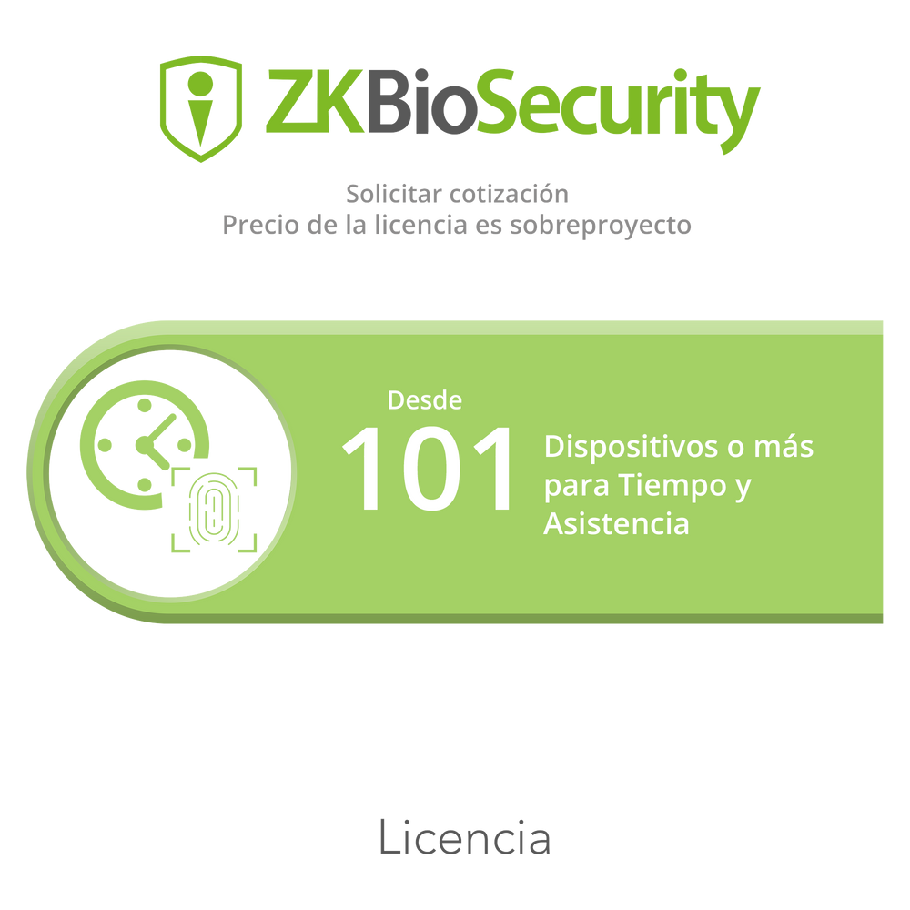 Licencia para ZKBiosecurity permite gestionar desde 101 dispositivos para tiempo y asistencia o mas