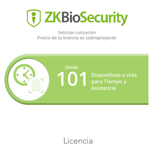 Licencia para ZKBiosecurity permite gestionar desde 101 dispositivos para tiempo y asistencia o mas