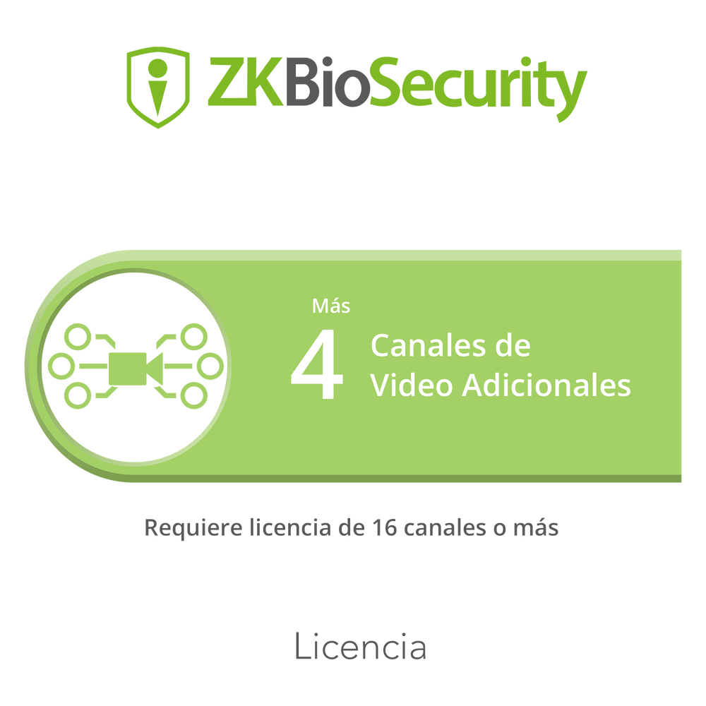 Licencia para ZKBiosecurity para modulo de video para 4 canales de video adicionales (requiere licencia de 16 canales o mas)