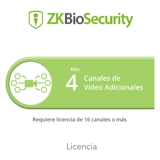 Licencia para ZKBiosecurity para modulo de video para 4 canales de video adicionales (requiere licencia de 16 canales o mas)