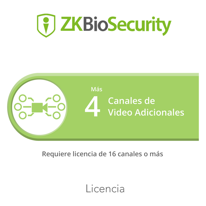 Licencia para ZKBiosecurity para modulo de video para 4 canales de video adicionales (requiere licencia de 16 canales o mas)