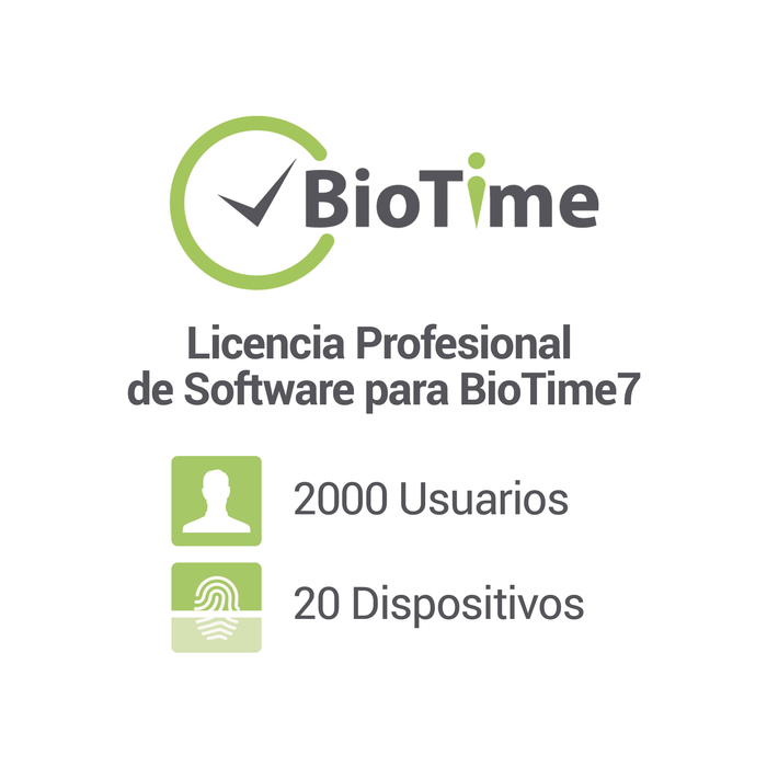 Licencia Standard de software para BioTime7 / 20 dispositivos / 2000 empleados / Licencia vitalicia