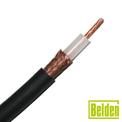 Cable RG213U con blindaje de malla trenzada de cobre 97%, aislamiento de polietileno.