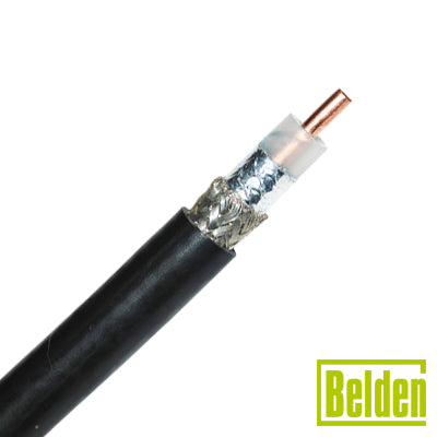 Cable coaxial tipo RG-8/U, conductor central de 2.74 mm en cobre sólido cal. 10, con 90% de blindaje de malla trenzada de cobre estañada + cinta Duobond, aislamiento de polietileno semi-sólido, forro de PVC. PRECIO POR METRO